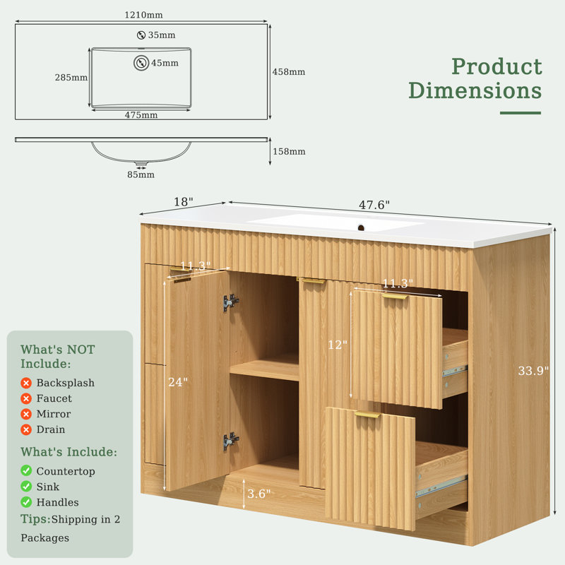 Meuble-lavabo simple en bois avec tiroirs Adonia, Beige