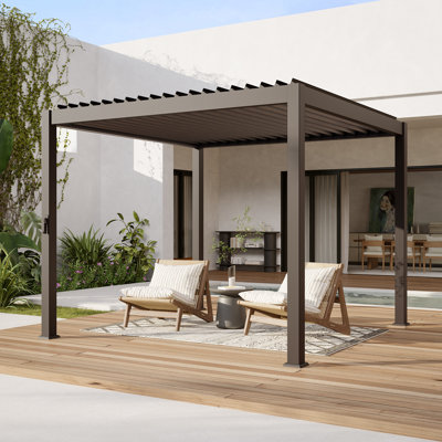 Durable Metal Pergola with Adjustable Louvered Roof for Outdoor Garden