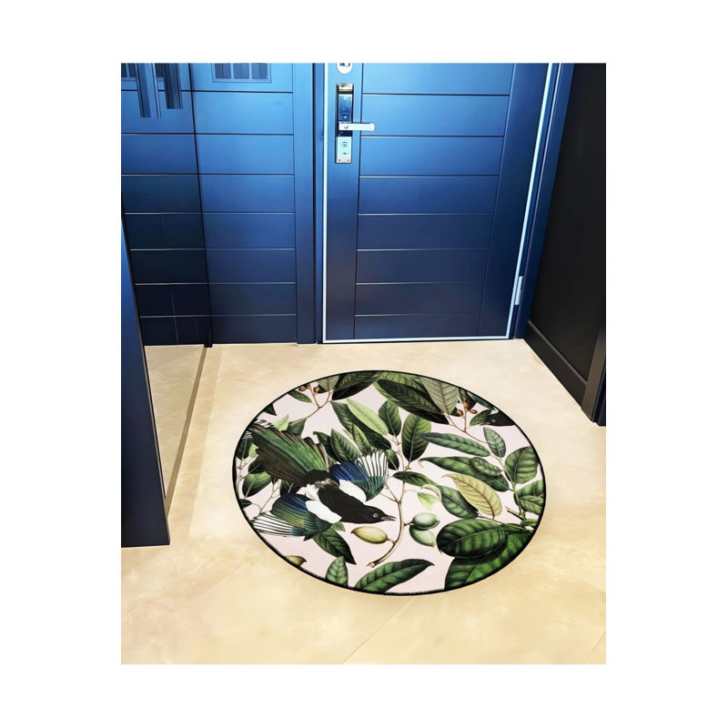 Woven Base Modern Decorative Carpet With Green Olive Branch And Bird Details, Round 2'8"