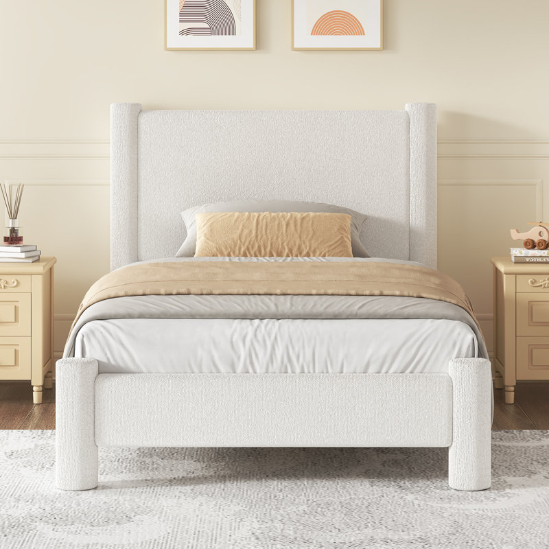 Lit plateforme tapissier Boucle, Blanc, Simple