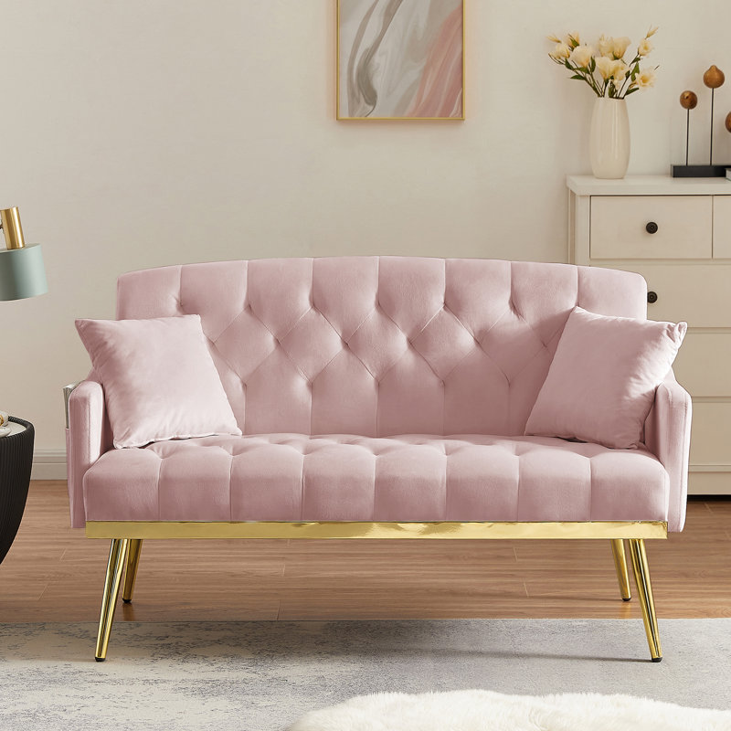 Canapé en velours 2 places avec détails capitonnés et pieds en métal doré, idéal pour les sièges confortables dans le salon, la chambre à coucher, le dortoir ou le bureau