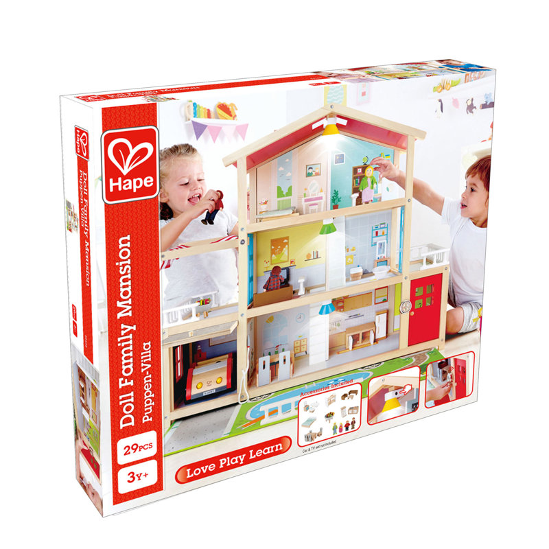 Hape Doll Family Mansion - Kid's Wooden Dollhouse, Award Winning, LED Lights, 10 Bedroom, Accessories, 31.6x11.4x28.4, Pretend Play, Children Ages 3+