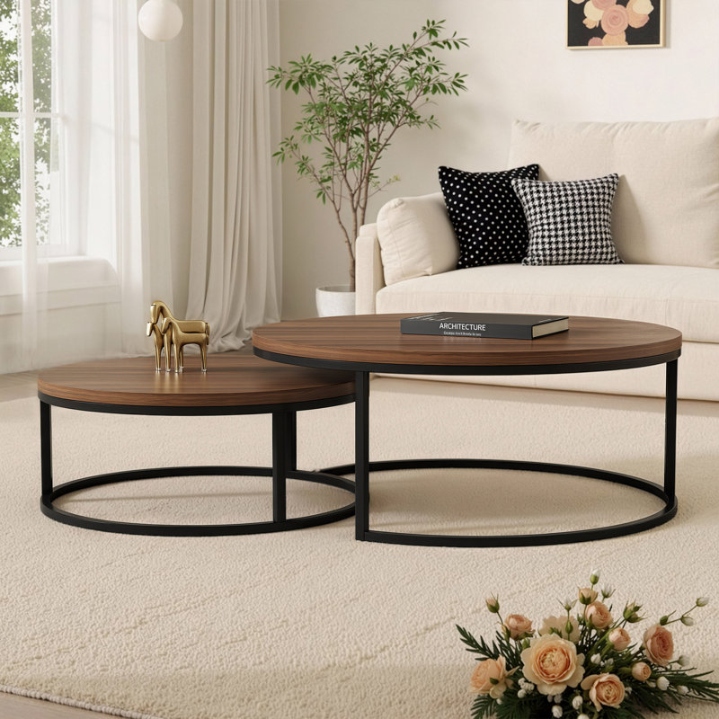 Nesting Coffee Tables Set of 2, Round Walnut & Black Metal Frame, Modern End Tables for Small Spaces, Living Room, Apartment (80 & 60cm)