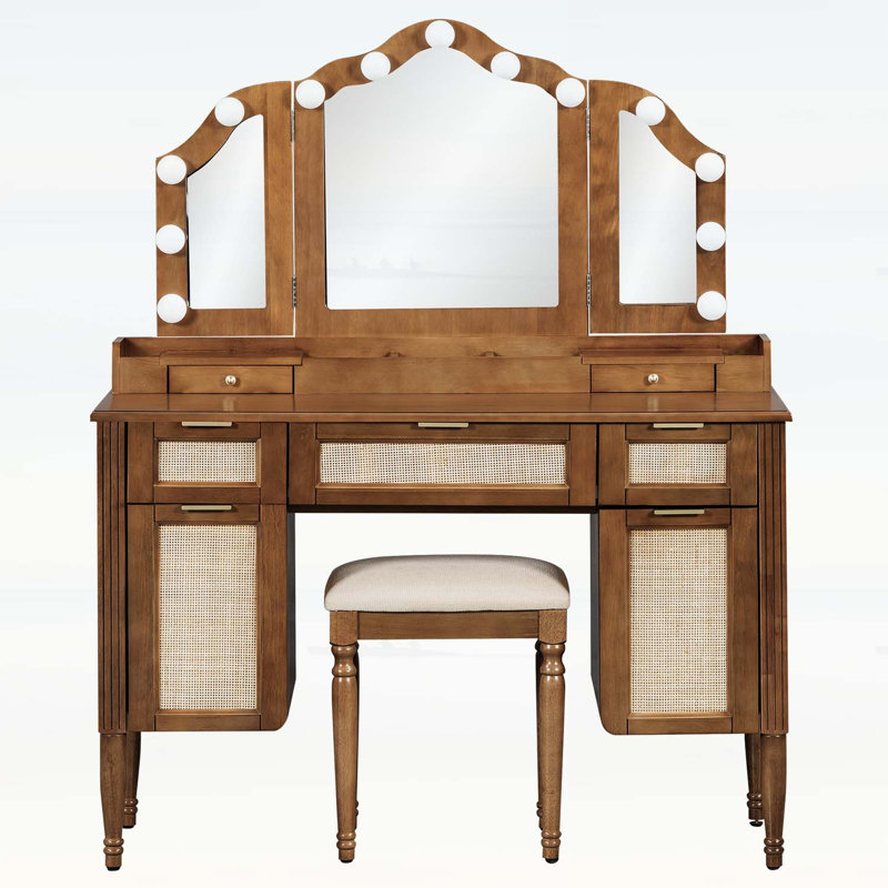 Meuble-lavabo élégant avec tabouret, 13 ampoules Hollywood, 3 modes d'éclairage, miroir à trois volets, beaucoup de rangement et station de charge