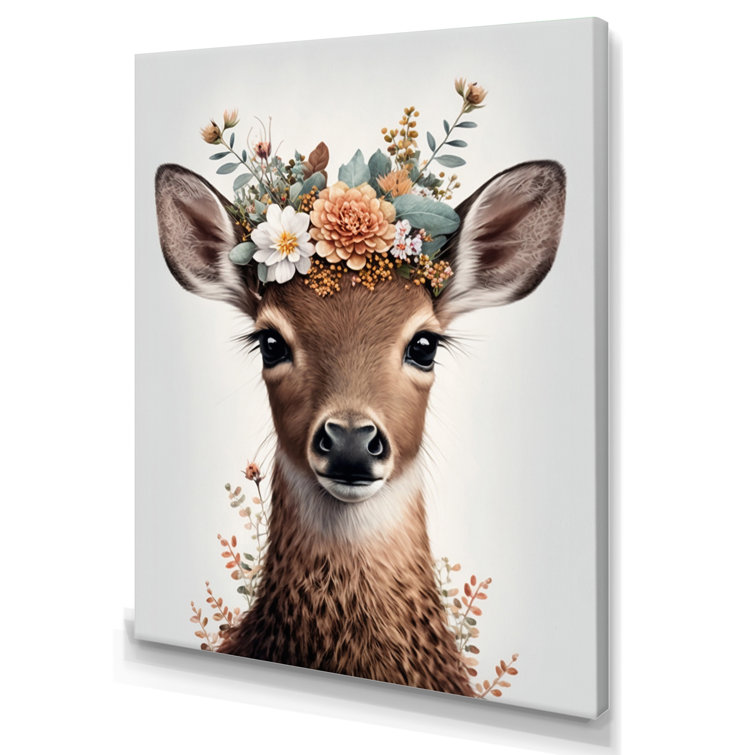 Indigo Safari Cute Baby Deer With Floral Crown III On Canvas Print