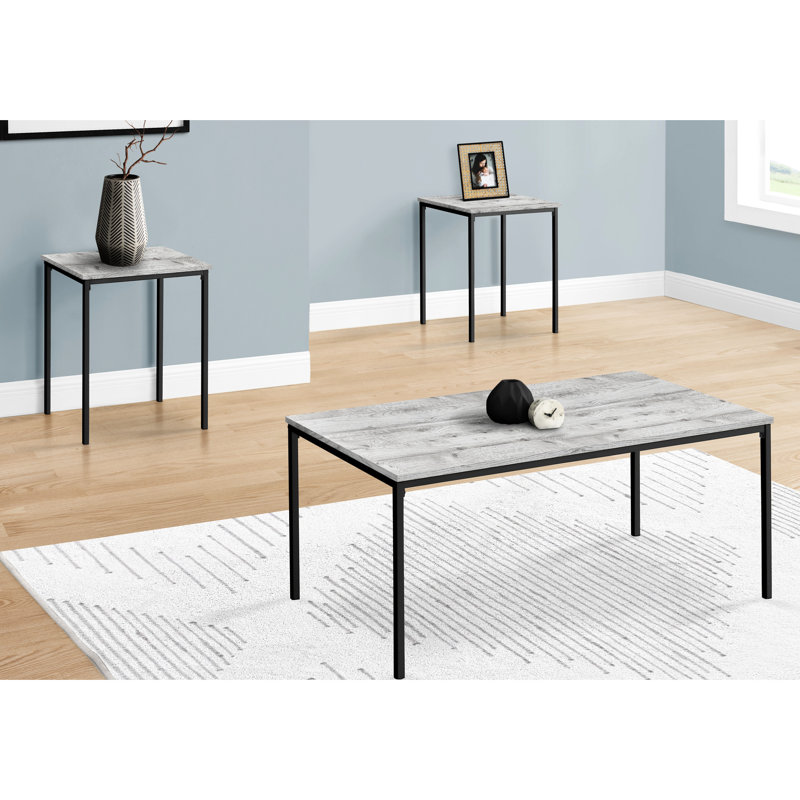 Moderne 3 tables basses, 2 tables basses et 2 tables de bout, dessus en stratifié gris, structure en métal noir avec détails