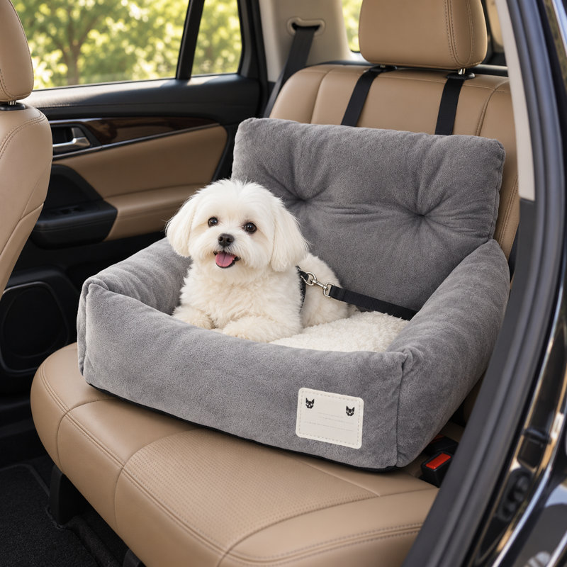 Siège d'auto moelleux pour animaux de compagnie avec boucle de sécurité – Lit de transport double usage 17,3 po / 20,9 po, doublure en molleton doux, fond antidérapant, pour petits chiens et chats (gris)