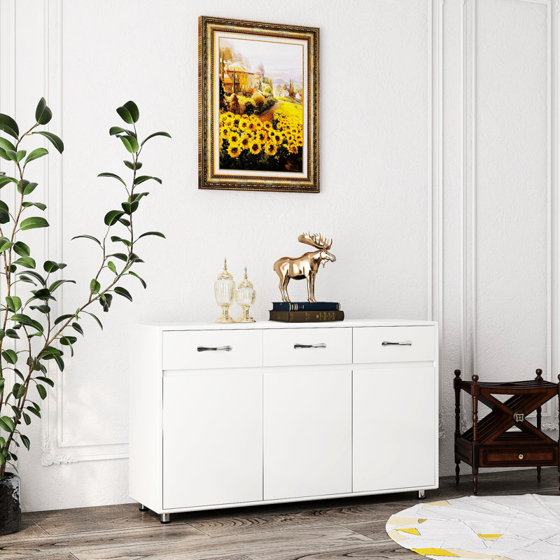 Grande table d'appoint grande capacité - blanc avec 3 portes et un superbe buffet de grande qualité