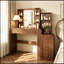 Bureau de maquillage avec miroir lumineux, 5 tiroirs et tablettes de rangement ouvertes-133292921
