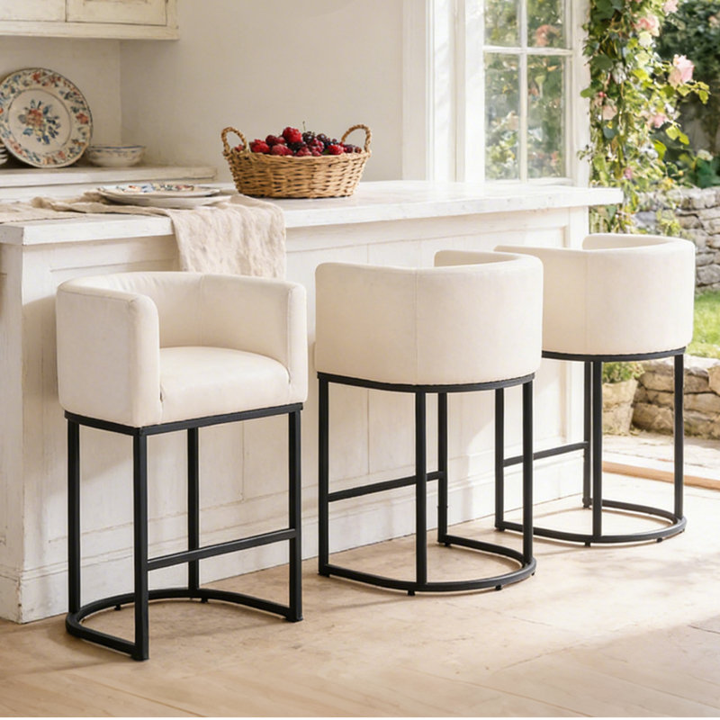 26" Upholstered Metal Barrel Counter Bar Stool, Linen Seat/Black Frame, 3