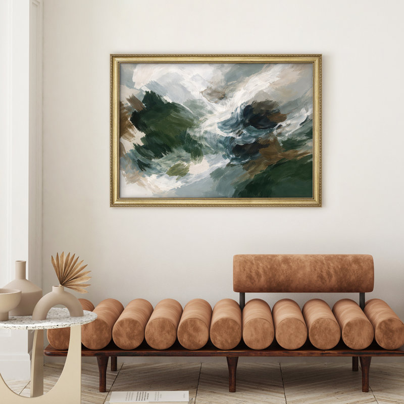 Abstrait vagues océaniques dans des tons vert foncé et blancs pour le salon, art mural encadré 26 po x 36 po