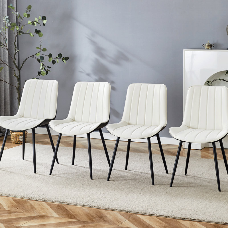 Chaise de salle à manger à coussins de siège allongés (4) - Blanc et noir, structure de pieds en métal pour un soutien robuste en cuir synthétique