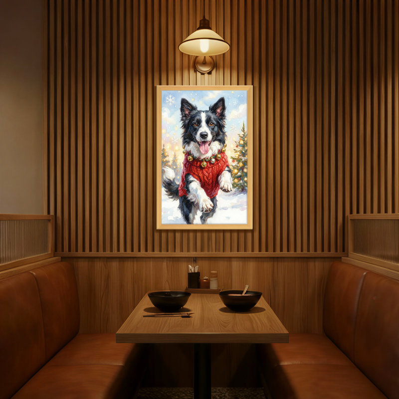 Animaux, chien de Noël dans un chandail rouge, scène d'hiver, H 36 po x l 24 po