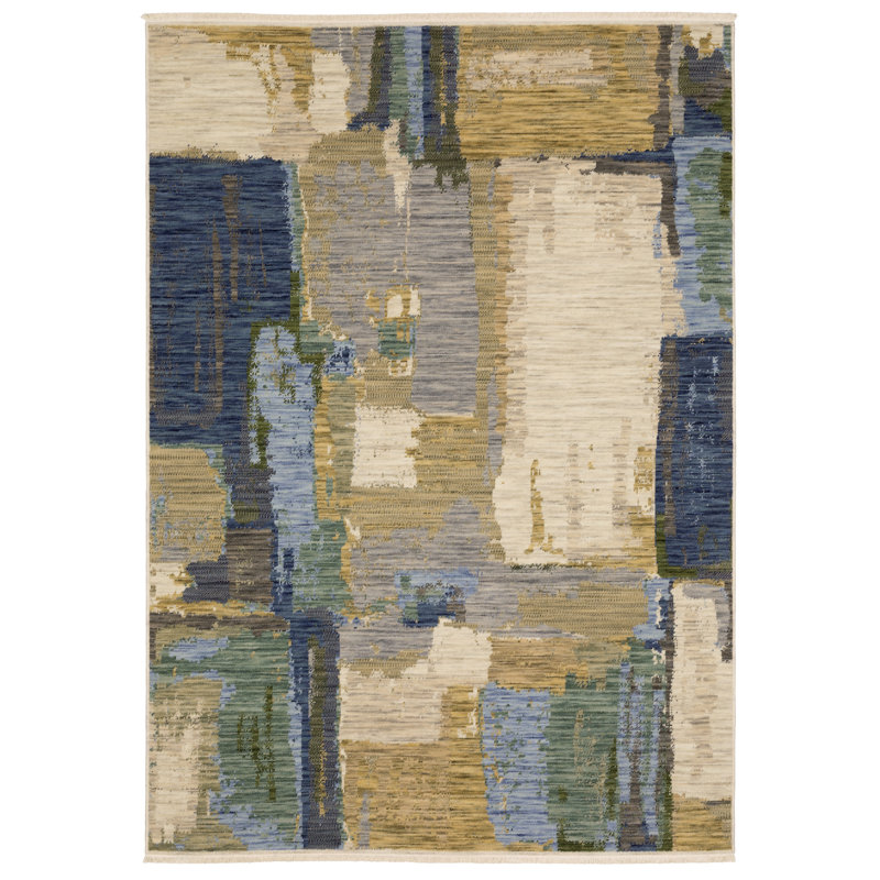 Tapis bleu / vert en laine Truffi, Rectangle 7 pi 10 po x 10 pi 14 po