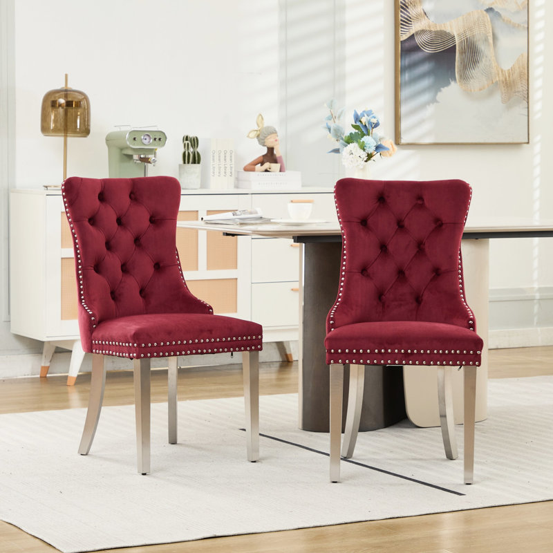 Chaise de salle à manger rembourrée en velours rouge American Traditional American Wine
