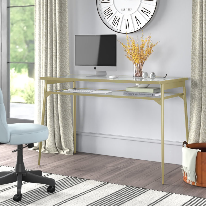Latonnia Glass Top Metal Base Writing Desk, Gold