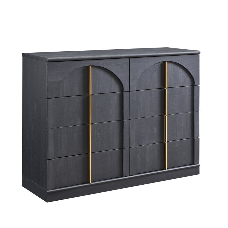 Commode moderne 8 tiroirs, commode de chambre à coucher avec panneau arqué, Noir
