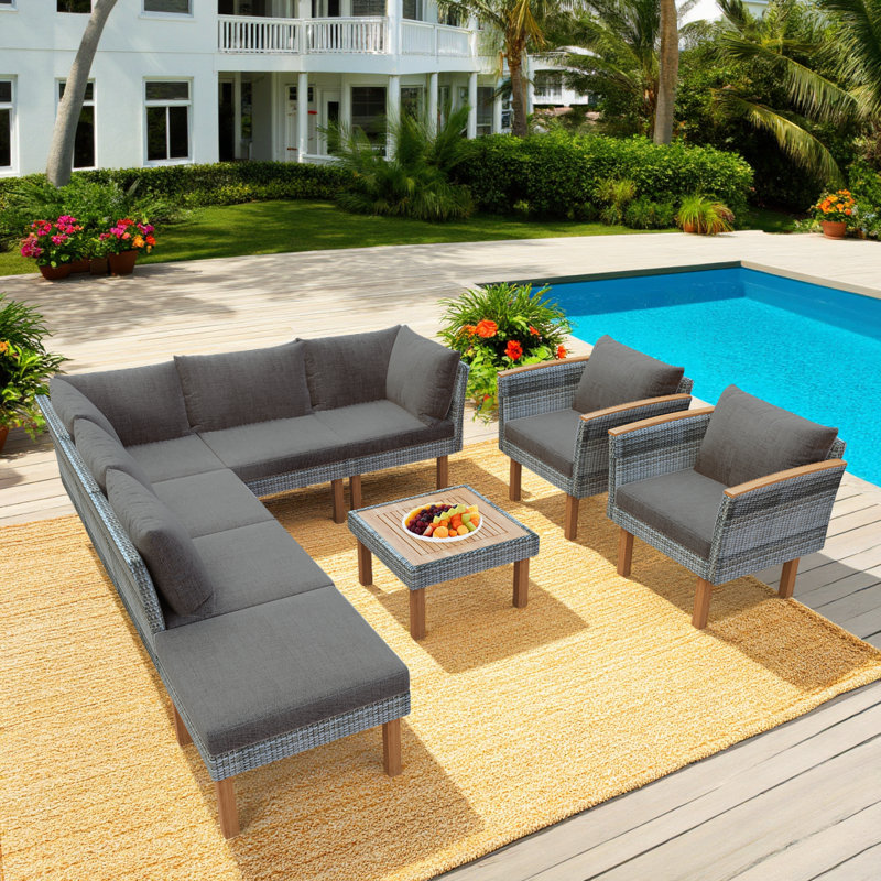 Ensemble complet de canapé modulaire d'extérieur avec table basse et coussins lavables, Gris