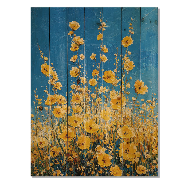 Joyeuses lumières jaunes jaune Wildflowers III - décoration murale en bois de fleurs sauvages - sur bois de pin naturel