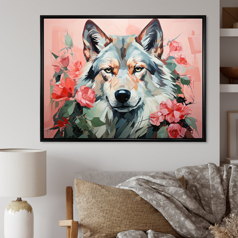 Portrait de loup bohémien rose et vert IV - loup, art mural, Cadre flottant noir, H 30 po x l 40 po x P 1,5 po