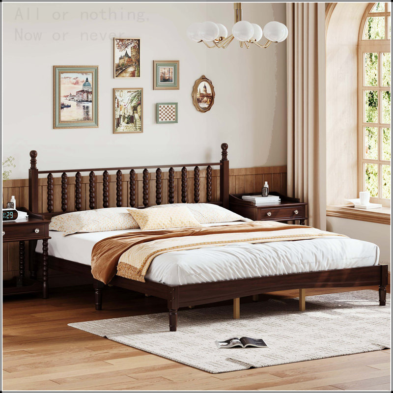 Full Size Retro Platform Bed with Gourd Shaped Headboard and Wooden Slats, Walnut, King