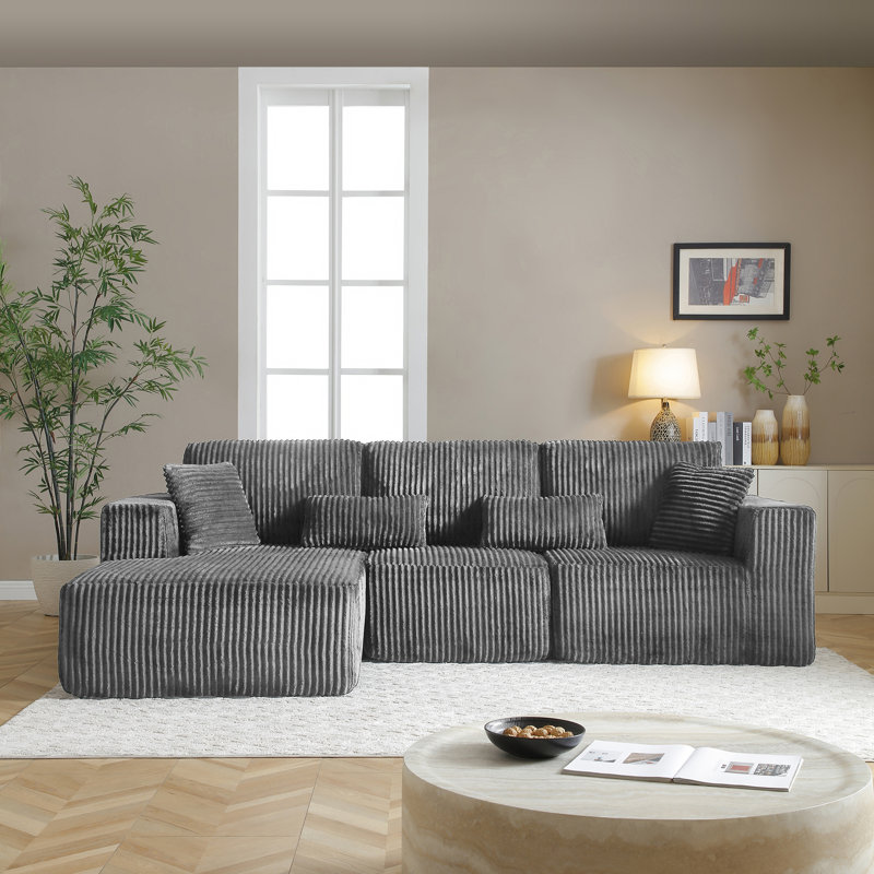 Boneless 109" Modular Corduroy Sectional Sofa With Chaise, No Assembly L-Shape Couch Reconfigurable Design, Gray