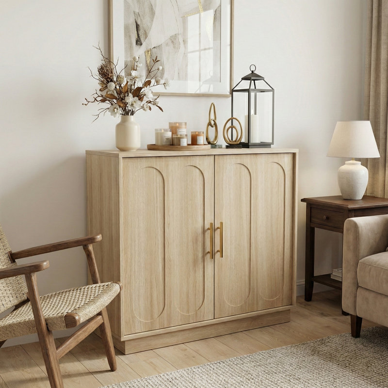 31.5" Modern 2 Door Storage Cabinet, Light Oak Sideboard Buffet Cabinet With Gold Handles, Fluted Wood Accent Cabinet For Living Room, Kitchen