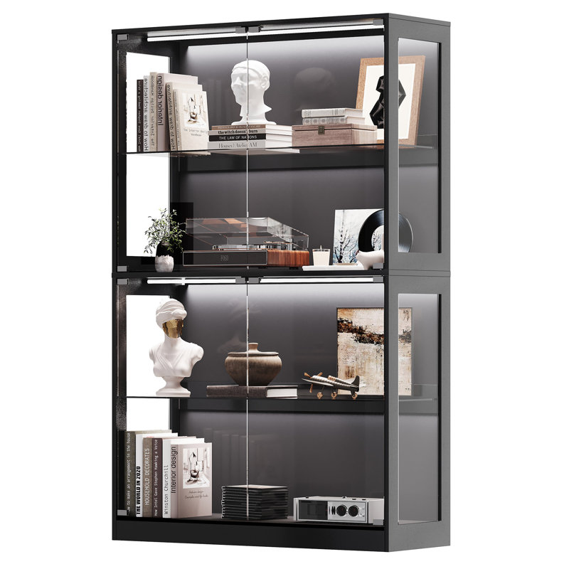 RGB Display Cabinet with Adjustable Glass Shelves, 4-Tier Storage Case with LED Lights & Press-to-Open Doors, Modern Display Shelf for Collectibles, Black 