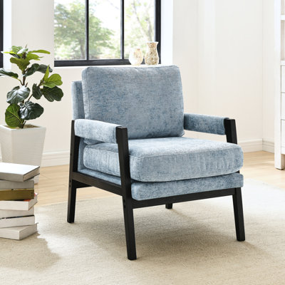 Chaise rembourrée en chenille bleue Mid-Century moderne - rembourrage généreux, fabrication en bois, dossier amovible pour une utilisation polyvalente