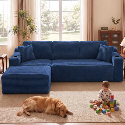 105"Boneless Cloud Couch, Compression L‑Shape Sectional Sofa with Movable Ottoman, Side Pockets & Cup Holders, Corduroy Upholstered No Assembly Sofa for Living Room
