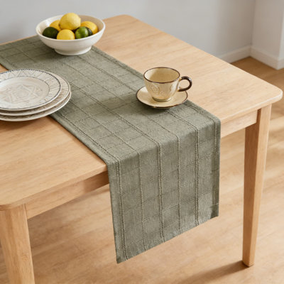 Linen Table Runner With Plaid Embroidery, Textured Woven Farmhouse Table Decor For Dining Room Kitchen Holiday And Everyday Use