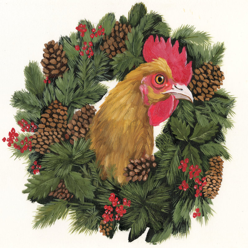 Coq de Noël par échelle blanche, H 20 po x l 20 po