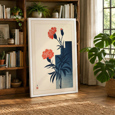 Carnations in Indigo Vase Japandi - Wrapped Canvas