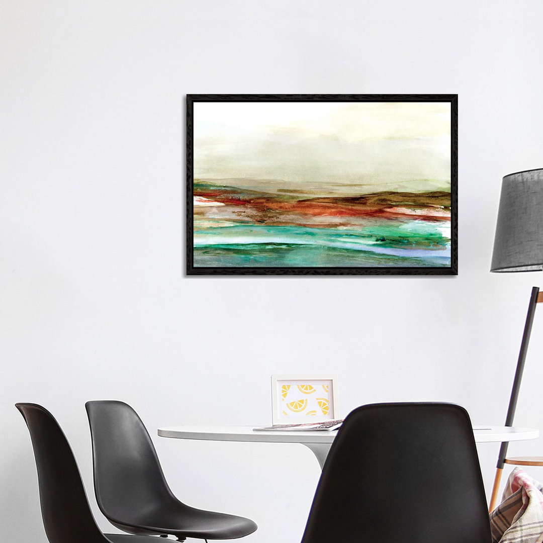 Teal Red Landscape Watercolor von Jae Landow - Galerie-verpackte Leinwand Giclée auf Leinwand