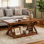 Base en X, table basse à double couche, placage de chêne massif et de noyer, avec rangement, convient au salon ou au bureau.