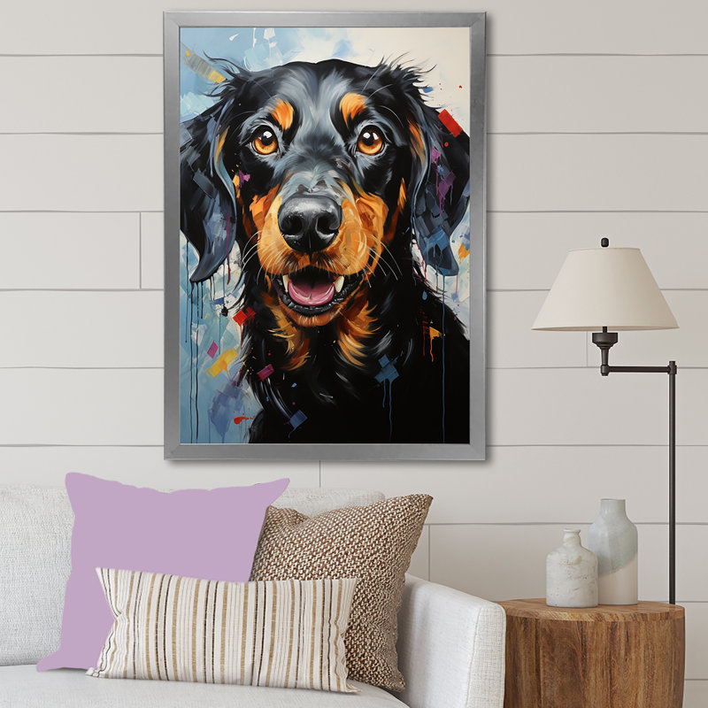 Dachshund Delight III sur impression sur toile, H 32 po x l 16 po x P 1 po, Cadre flottant noir