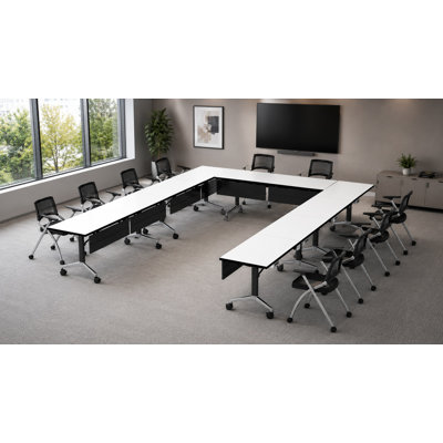 Tables de formation mobiles commerciales avec alimentation intégrée et chaises de travail empilables | Ensemble de 5 tables et 10 chaises | Tables de formation pliantes et empilables de 203 cm (80 po) | Roulettes verrouillables | Mobilier pour salles de conférence et salles de classe | Blanc 10 places