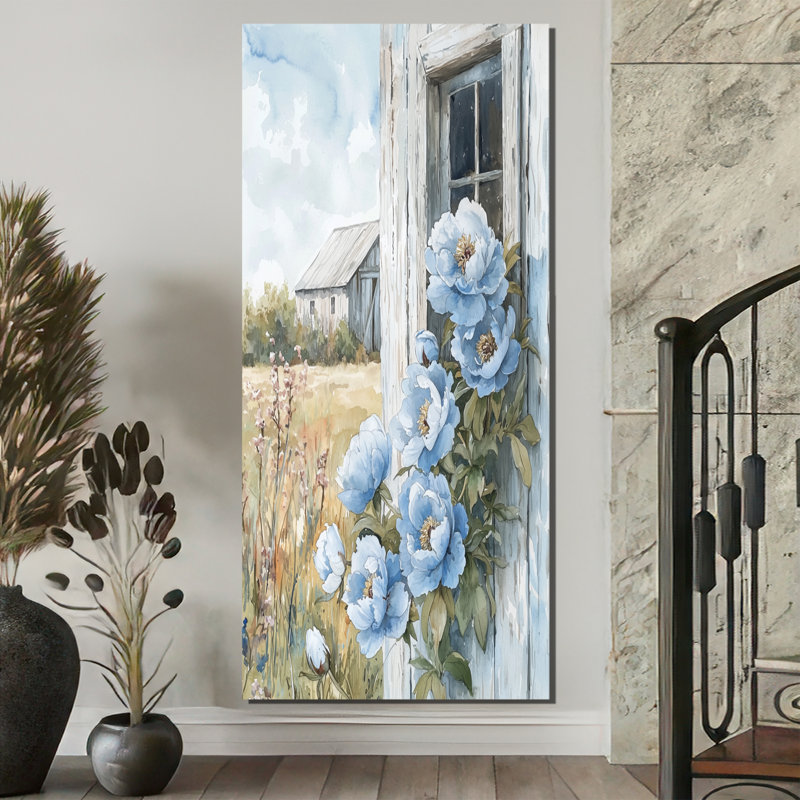 Pivoines bleues par la grange - pivoines, reproduction d'art sur toile, H 60 po x l 28 po, Toile tendue, Ne s’applique pas