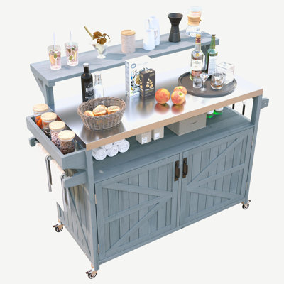 53.3" Outdoor Kitchen Island with Raised Shelf, Solid Wood Storage Cabinet with Stainless Steel Top