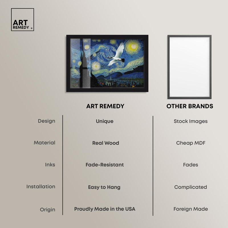 «Crane Starry Night Shadowbox» par Pet Remedy, H 17 po x l 25 po, Noir