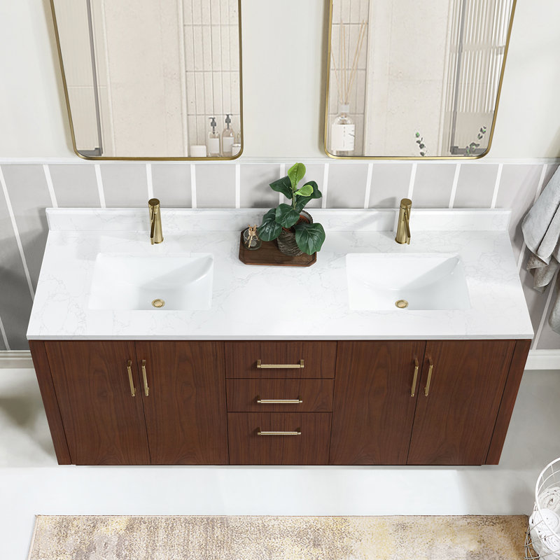 Meuble-lavabo double 72 po Cloverfield, Noyer naturel, Or