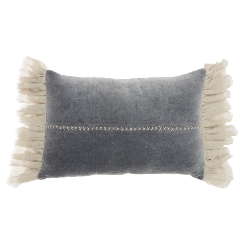 Ruffled Cotton Blend Throw Pillow, Dark Gray