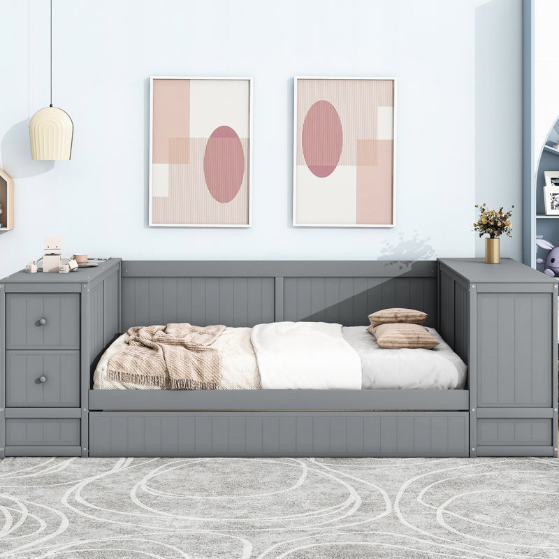 Lit de jour simple avec rangement pour outils, lit gigogne, gris - Construction en bois massif, Grey