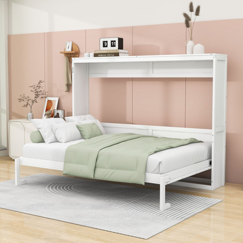 Lit escamotable en bois avec mécanisme de pliage à double piston, Double, Blanc