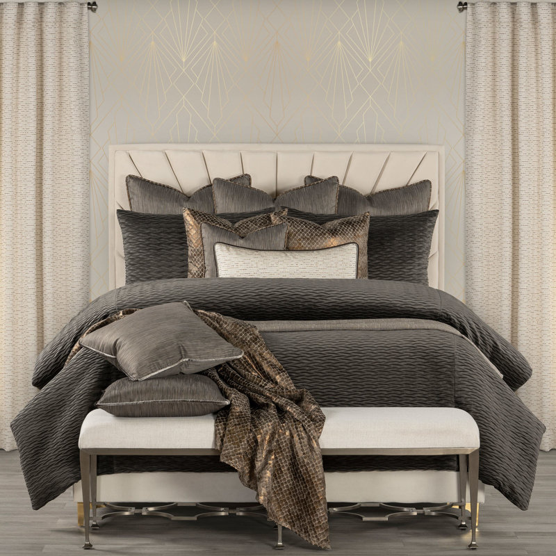 Pleated Velvet Wave Duvet Cover & Insert Set, Cal.King Duvet Cover & Insert +5 Additional Pieces, Gray