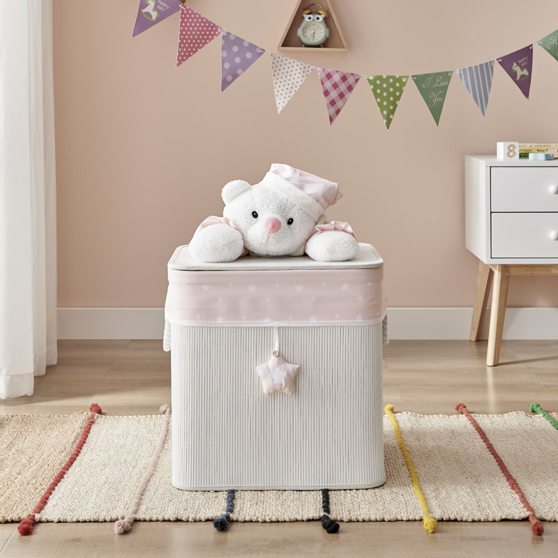 Pink/Cream Collapsible Folding Woven Kids Plush Laundry Hamper Toy Storage With Liner And Handles - Sleepy Teddy Bear