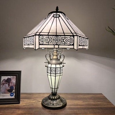 Lampe de table Tiffany, abat-jour hexagonal blanc, base en métal, ampoules DEL incluses
