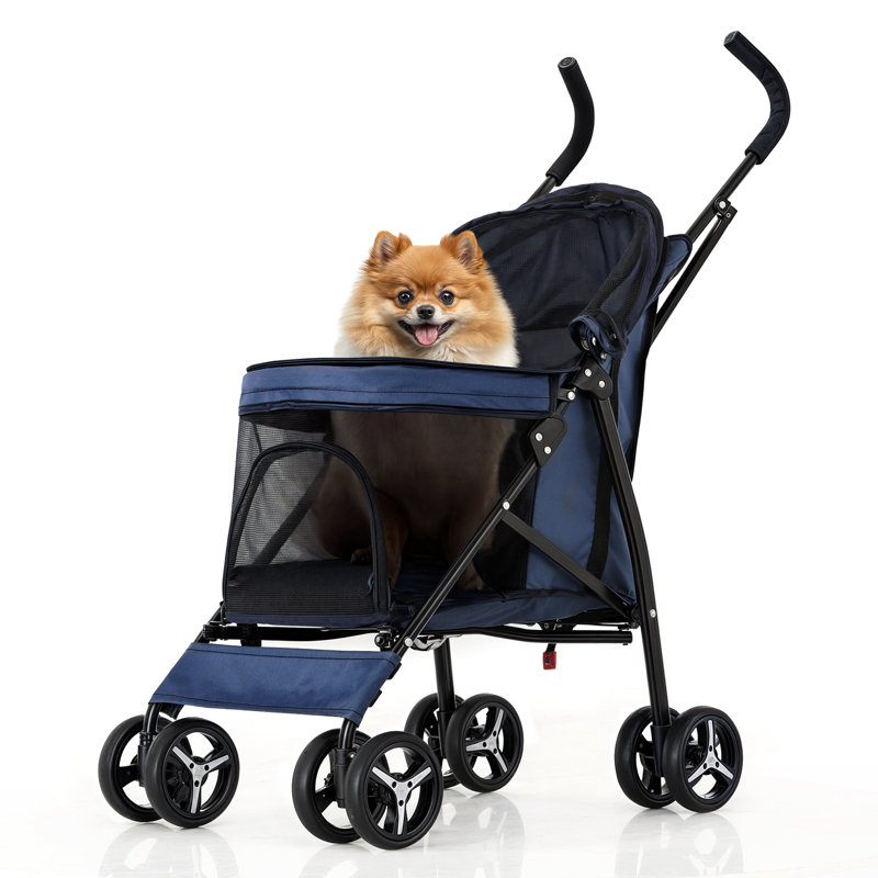 4 Wheel Folding Pet Stroller, Foldable Dog Jogger Stroller with Adjustable Canopy and Mesh Window, Blue