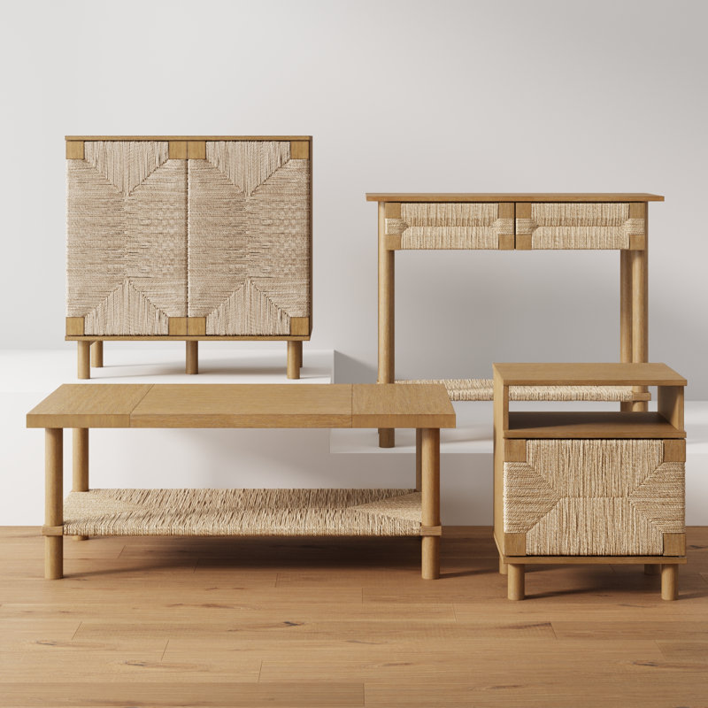 Beacon Light Brown Wood Console Table with Seagrass Storage