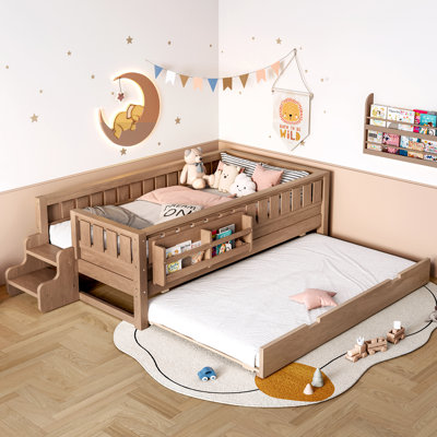 Twin Kids Loft Bed with Trundle, Built-In Bookshelves, Small Staircase & Safety Rails,Natural